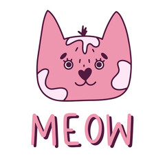 Cat face and meow inscription. Vector illustration in hand style