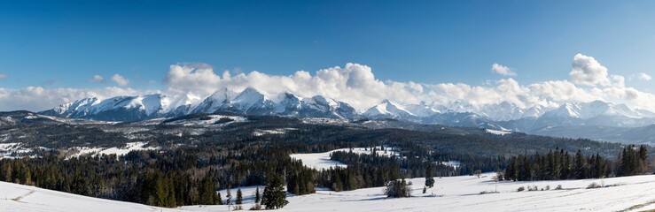 Beautiful winter landscape panorama, Tatra Mountains view from Lapszanka, Poland