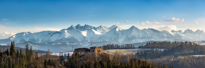 Beautiful landscape panorama with castle, view of the Tatra Mountains, Czorsztyn, Poland - obrazy, fototapety, plakaty