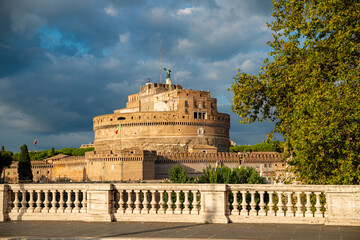 Rome Panorama of Castel Sant'Angelo, Hadrian's Mausoleum, near the Vatican, from one of its bridges over the Tiber on an autumn day, with blue sky after a thunderstorm, Vatican, Rome, Italy.