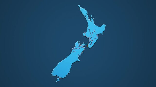 Light blue map of New Zealand with cities, roads and railways on a dark blue background. 4K Animation with alpha channel