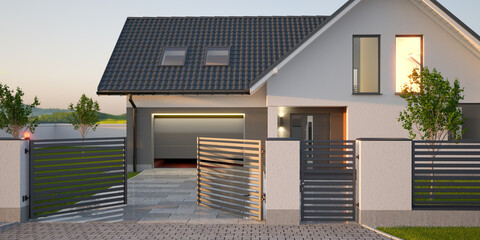 Fototapeta Automatic gate, fence, driveway and modern single family house with garage. 3D illustration  obraz