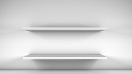 Vertical shelves on white wall to show products. Neutral. 3D render. Minimalist.
