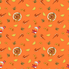 Summer seamless pattern Portuguese traditional food on orange background, photoshop, digital art