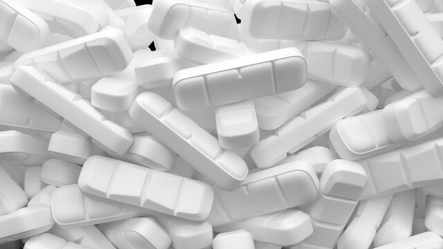 White falling Xanax (Alprazolam) 3D pills pouring filling a screen isolated on a black background with luma matte
