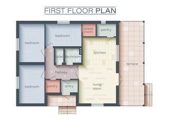 Architectural Technical Color Floor Plan. Colorful floor plan of a house. Three Bedrooms apartment architectural CAD drawing. Vector illustration © Volha