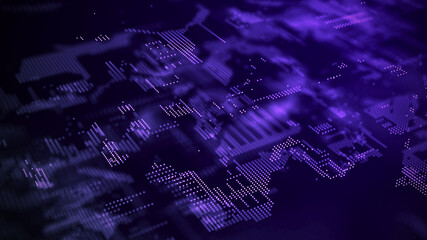 Digital background with moving glowing particles. Futuristic hi-tech illustration. Concept of data transfer in cyberspace. Big data visualization. 3d rendering.