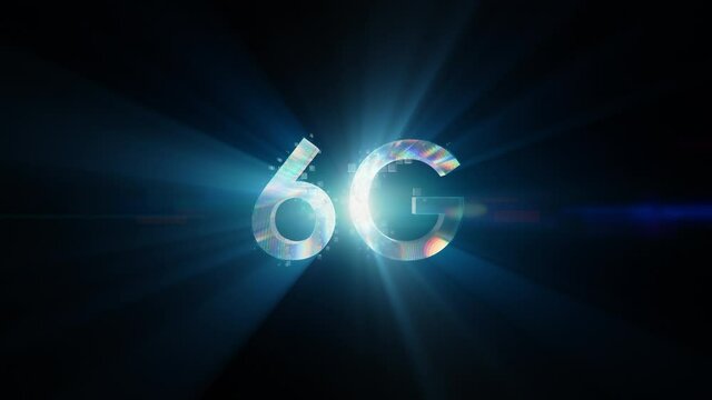 6G technology text animation. Stylish silver letters glow and shimmer on the black background, beautiful typography techno design.