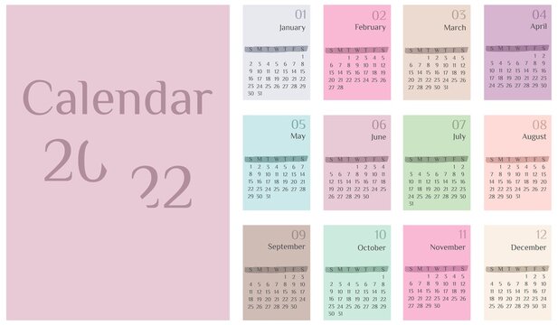 Vector Illustration. Colorful Calendar 2022 Template. Week Starts On Sunday. Table Calendar