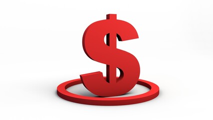 Red dollar monetary symbol inside circle. 3D illustration. White neutral background. Isolated.