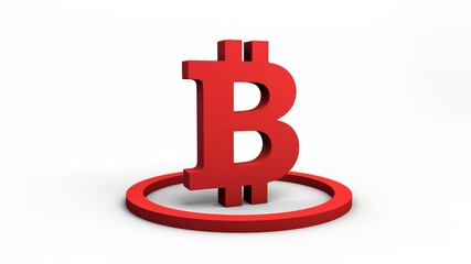 Red bitcoin monetary symbol inside circle. 3D illustration. White neutral background. Isolated.