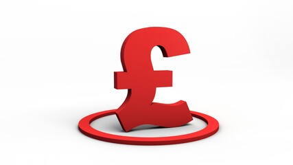Red pound currency symbol inside circle. 3D illustration. White neutral background. Isolated.