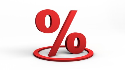 Red percentage symbol inside circle. 3D illustration. White neutral background. Isolated.