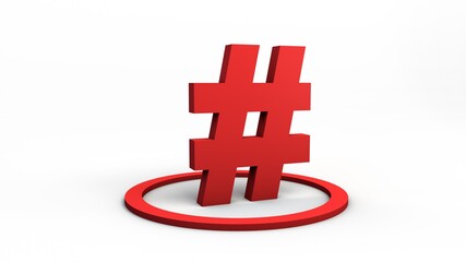 Red hash symbol inside circle. 3D illustration. White neutral background. Isolated.