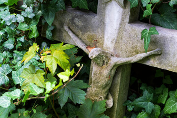 Historic Statue on the mystery old Prague Cemetery, Czech Republic