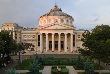 Aerial drone view of The Romanian Athenaeum George Enescu (Ateneul Roman) in Bucharest, Romania....