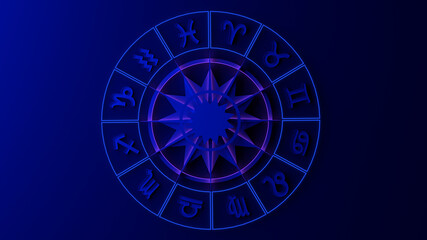 Zodiac wheel with signs. 3D illustration. Astrology. Horoscope.