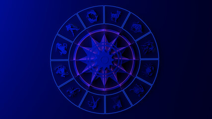 Zodiac wheel with signs. 3D illustration. Astrology. Horoscope.