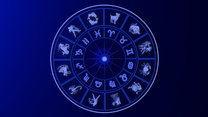 Zodiac wheel with signs and drawings. 3D illustration. Astrology. Horoscope.
