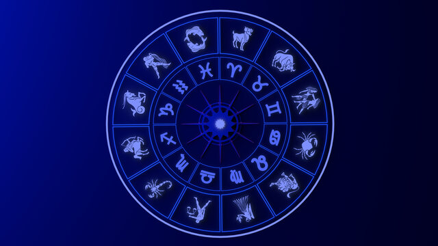 Zodiac wheel with signs and drawings. 3D illustration. Astrology. Horoscope.