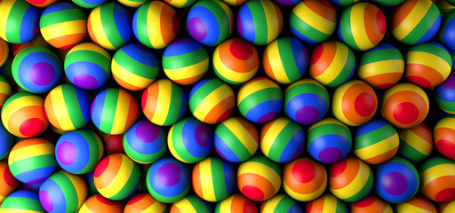 Balls background with the colors of the pride flag. 3D illustration.