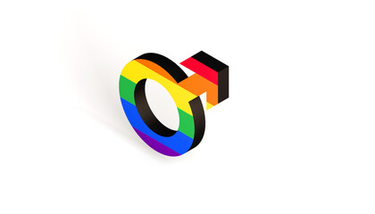 Male symbol in the colors of the pride flag on neutral white background. 3D illustration. Isometric view.