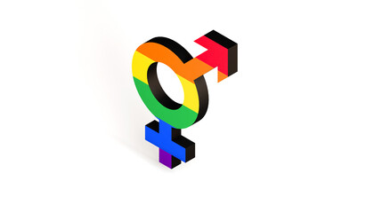 Intersex symbol in the colors of the pride flag on neutral white background. 3D illustration. Isometric view.