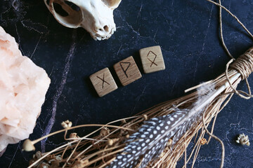 Scandinavian runes carved from wood for divination and magical rites