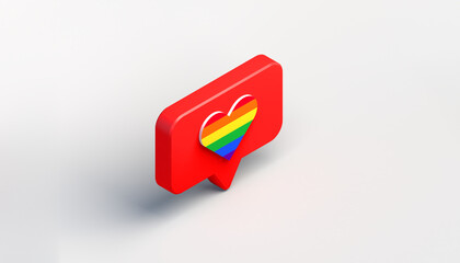 Social media notification icon with heart with pride flag. Like. 3D illustration. Isometric view.