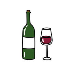 bottle of wine and glass doodle icon, vector color line illustration