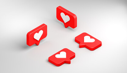 Social media notification icons with heart. Like. 3D illustration. Isometric view.