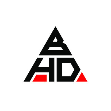 BHD triangle letter logo design with triangle shape. BHD triangle logo design monogram. BHD triangle vector logo template with red color. BHD triangular logo Simple, Elegant, and Luxurious Logo. BHD 