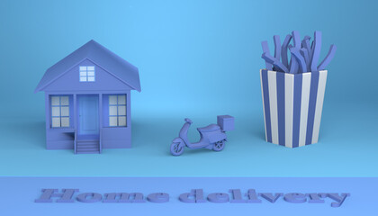 Junk food delivery concept with fries and motorbike. Take away. 3D illustration.