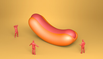 Giant hot dog surrounded by amazed people. Junk food. 3D illustration.