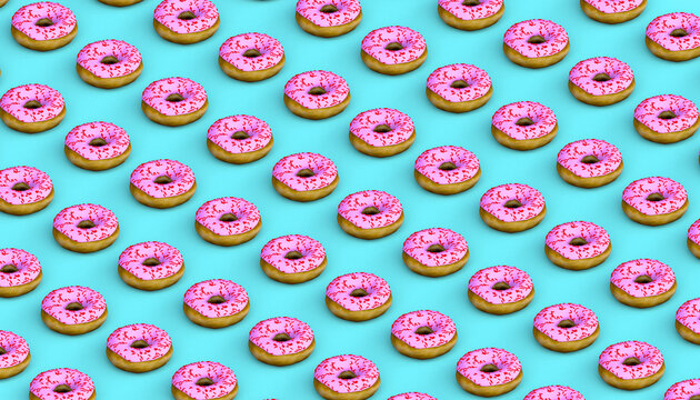 Donuts background. Junk food. 3D illustration.  Sweet.