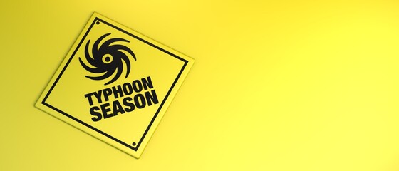 Typhoon season sign on yellow background. Banner. 3D illustration.