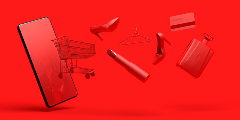 Obraz premium Online shopping concept with smartphone. Banner. Shopping cart, lipstick, high heel shoe, credit card ... 3D illustration.