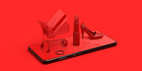 Online shopping concept with smartphone. Banner. Shopping cart, lipstick, high heel shoe, credit card ... 3D illustration.