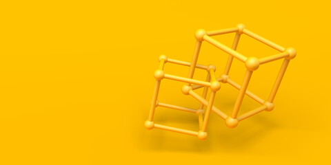 Abstract background. Yellow composition with cubes of atoms. 3d illustration. Banner.