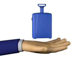 Businessman hand with travel suitcase. 3d illustration.