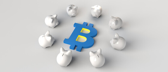 Piggy banks surrounding the bitcoin symbol. 3d illustration.