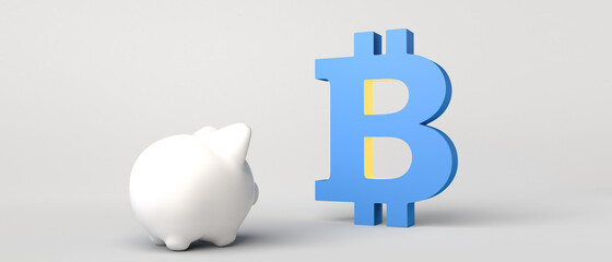 Piggy bank looking at the bitcoin symbol. 3d illustration.