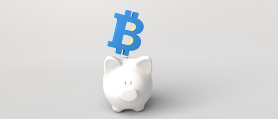 Bitcoin symbol going into piggy bank. Save money. 3d illustration.