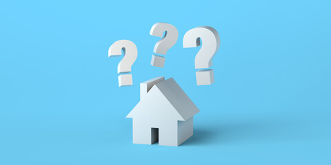 House with question marks on to . Real estate market. 3d illustration. Background. Banner.  - obrazy, fototapety, plakaty
