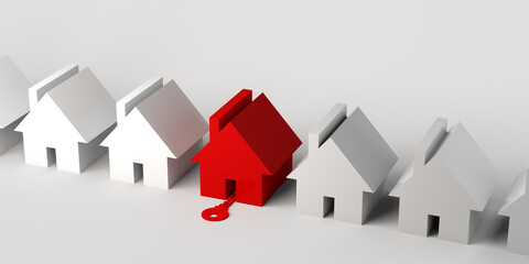 House highlighted in red with key entering through the door. Real estate market. 3d illustration. Banner. Background.  - obrazy, fototapety, plakaty