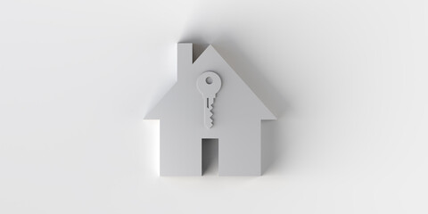 Key on top of a house. Real estate market. Buy and sell. 3d illustration. Icon.  Banner. Background. 