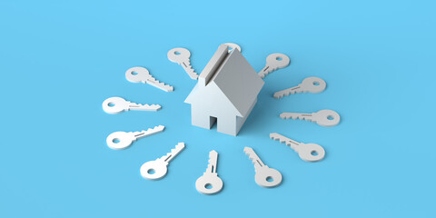 House surrounded by keys on pastel blue background. Real estate market. 3d illustration. Banner. 