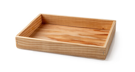 Simple rectangular serving tray isolated on white background. Rustic eco-friendly tableware of natural wood. Empty dishes for food design. Vintage retro style dishware.