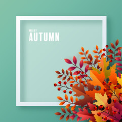 Autumn holiday seasonal background with colorful autumn leaves, mushrooms, owls, golden pods, squirrels, and elements paper cut craft style on color background.