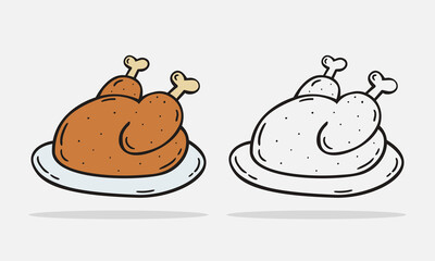 Set Hand drawn roasted chicken icon Design Template. vector sketch doodle illustration. Perfect for food concepts, diet infographics, icons or web design, street restaurants menu